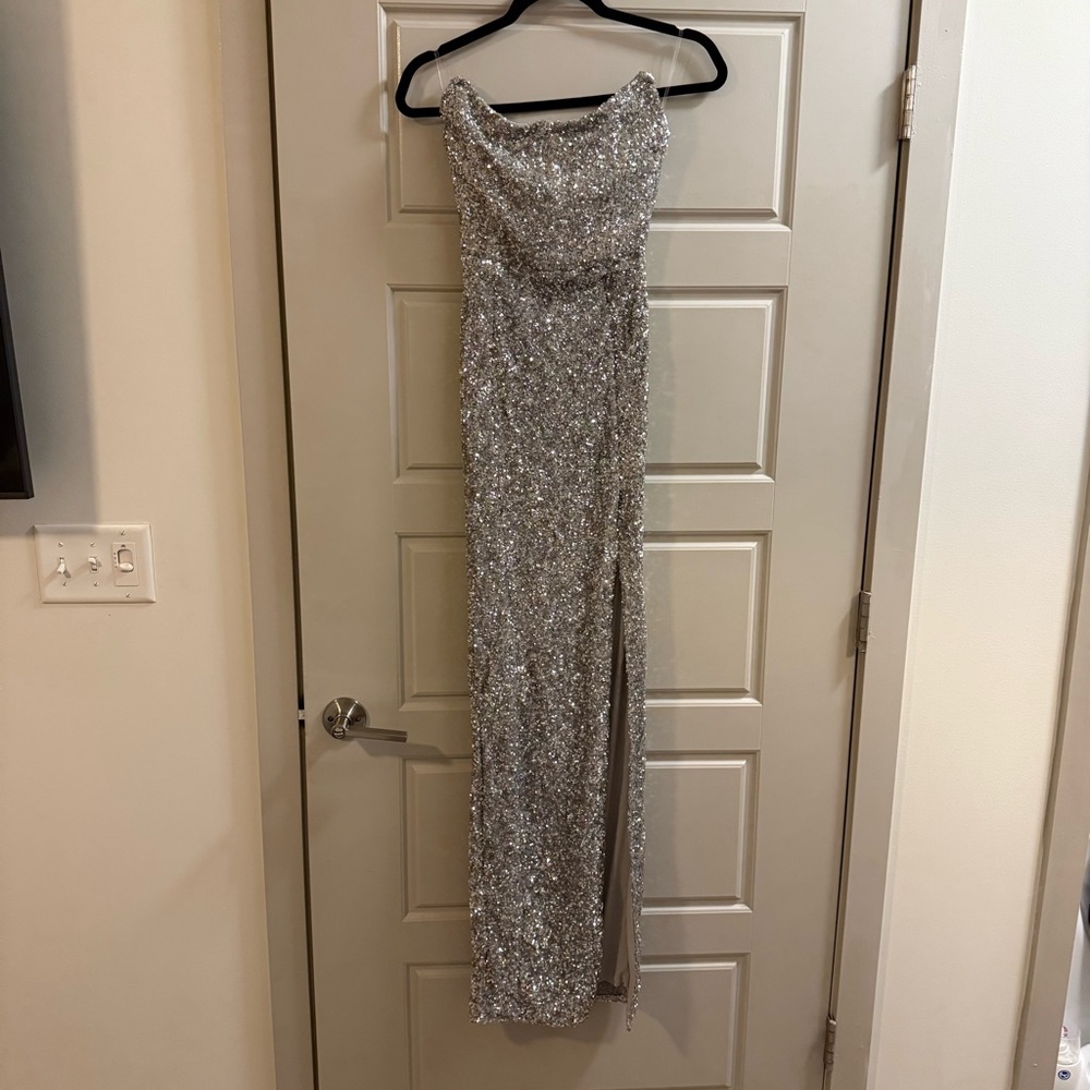 Oh Polly Glittering Silver Strapless Gown